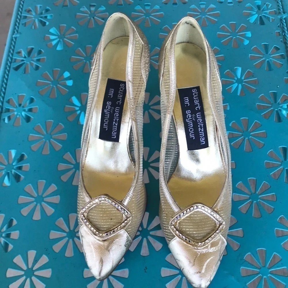 Stuart Weitzman Gold Shimmer Pointed Toe Pumps - image 3